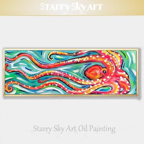 Artist Special Design Funny Ocean Animal Octopus Oil Painting on Canvas Big Long Size Funny Octopus Oil Painting for Wall Decor