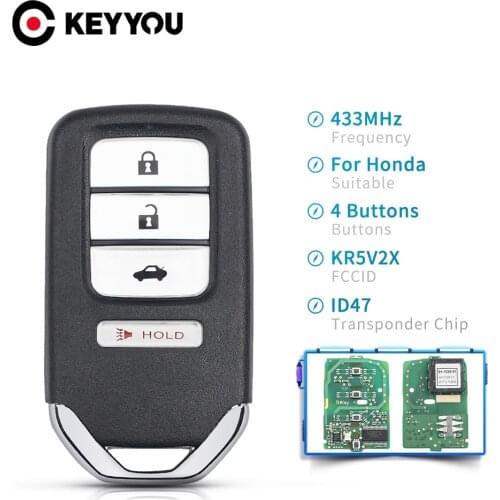 KEYYOU 2016 2017 2018 2019 Fob For HONDA CIVIC EX LX DX FCC ID: KR5V2X 433Mhz ID47 Chip Smart Remote Car Key 4 Buttons