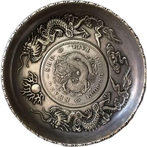 Chinese antique double dragon Tibetan Silver "ancient" dragon board