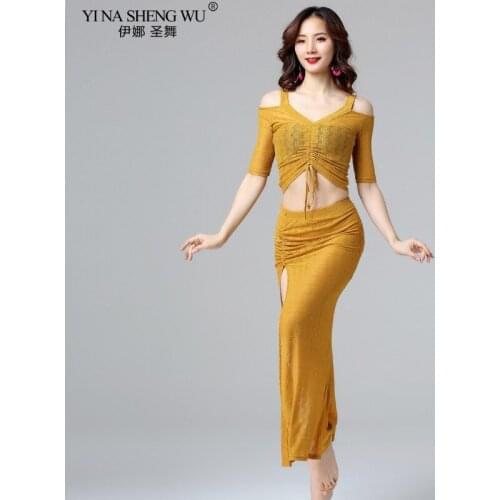 Silver Silk Mesh Belly Dance Practice Costume Beginner Sexy High Split Top+ Skirt Long Dress Bellydancing Training Wear Summer