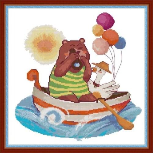 Travel Bear Joy Sunday Stamped Cross Stitch Kit Patterns 14CT 11CT Printed Counted Handmade Embroidery Needlework Home Decor Set