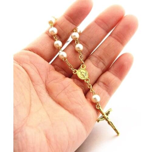 New Glass Pearl Pandent Necklace Baptism Communion Gift Catholic Cross Finger Chain Necklace Mini Rosary