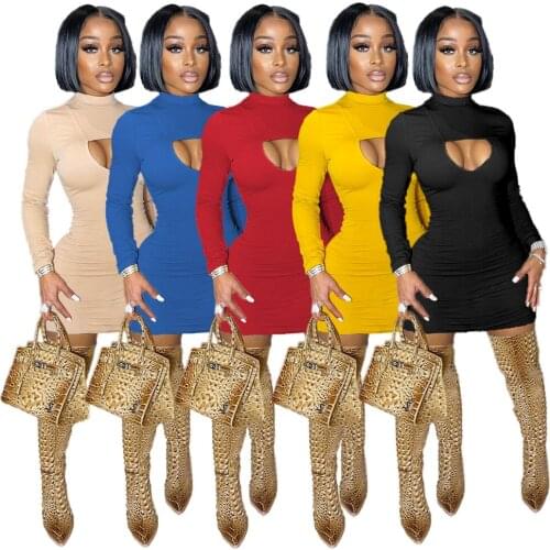 Solid Long Sleeve Mini Dress Women Autumn Casual Clothes Sexy Cut out Chest Bodycon Dresses Fashion Elegant Streetwear 2021