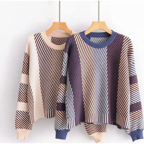 2019 Autumn Winter Fashion O-Neck Pullovers Women Knitted Basic Sweater Casual Long Sleeve Striped Soft Warm Tops Jumpers Femme