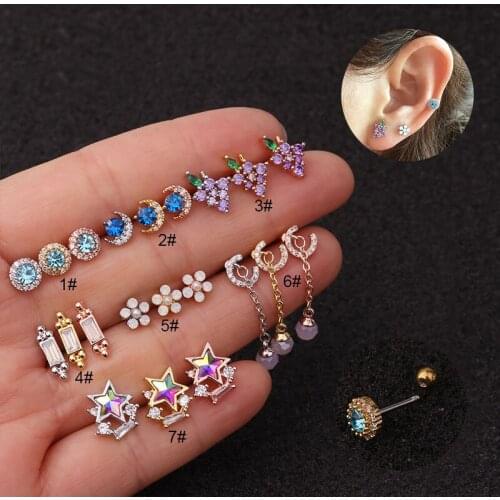 New Colorful CZ Star Moon Flower Cartilage Earring Zircon Ear Bone Conch Tragus Stud Helix Cartilage Piercing Jewelry for Women