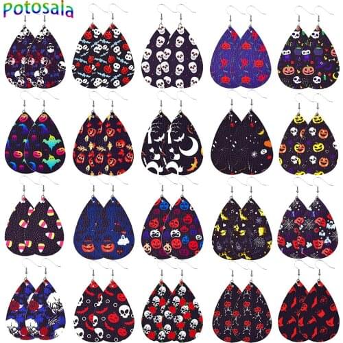 Potosala Halloween Teardrop Faux Leather Drop Earrings For Women Jewelry Skull Pattern Long Lightweight Fashion Dangle Earrings
