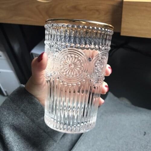 Retro Embossed Phnom Penh Glass Cup Round Sun Flower Water Cup High-end Restaurant Cold Drink Cup Milk Tea Shop Juice Cup