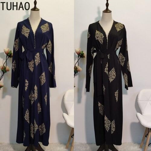 TUHAO Muslim Abaya Elegant Dress Vintage Women Cardigan Dress Vintage Retro Long Sleeve Belt Tie Plus Size Robe Long Dress WM23