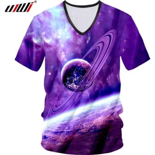UJWI V Neck Top New Arrival Men 3d Digital Print Purple Galaxy Space T-shirt Universe Tshirts Hombre Short Sleeve Fitness Shirt