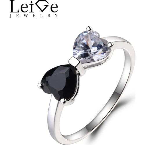 Leige Jewelry Natural Black Spinel Ring Cubic Zirconia Ring Wedding Rings 925 Sterling Silver Heart Cut Gemstone Rings for Her