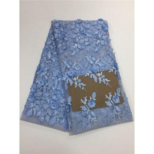 Sky blue Gorgeous Floral french lace top grade African net lace tulle fabric with 3D Appliques beads 5 yards/PC