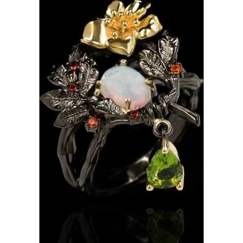 High-end luxury plant flower pearl zircon ring female natural sea stone egg shape moonstone Italian craft jewelry gift