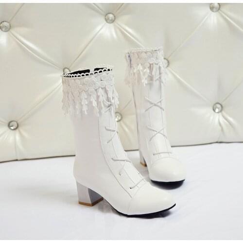 YQBTDL 2020 Autumn Winter Cross Tied Fringe Mesh Princess Lolita Shoes Hoof High Heels White Black Boots for Women mid long Boot