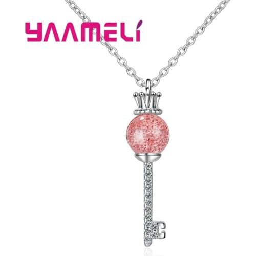 Elegantment Style Hot Sale Red Bead Key Design Pendant Pure 925 Sterling Silver Necklace For Woman Girls Best Anniversary Gift