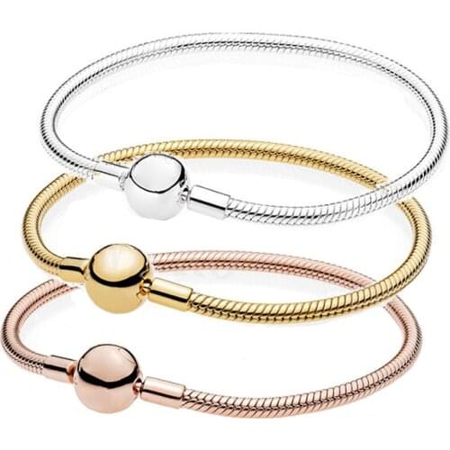 Classic High Quality Silver 925 Shine Instant Smooth Ladies Rose Gold Bracelet DIY Charm Original Fashion Jewelry Birthday Gift