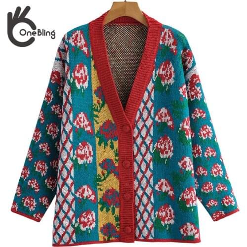 OneBling Za Woman 2021 Pull Autumn Winter Flowers Argyle Pattern Fashion Loose Knit Cardigan Single Breasted Traf Sweaters