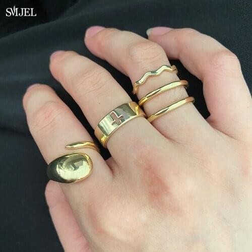 SMJEL 2021 Gold Color Smooth Geometric Rings for Women Korean Style Double Layer Wave Cross Ring Jewelry Valentines Day Gifts