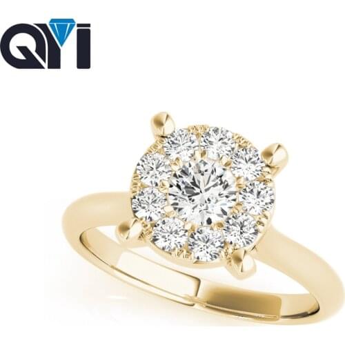 QYI Classic Halo Engagement Wedding Ring For Women 14k Yellow gold Round Cut Simulated Diamond Rings