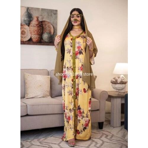 Maxi Dresses for Women Summer 2021 Sexy Muslim Women V-neck Long Sleeve Printing Dress Muslim Women Abaya
