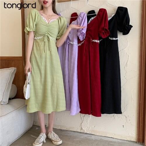 2021 New Women Puff Sleeve Chiffon Dresses Summer Short Sleeve V-Neck Lace Up Dresses Female Lace Patchwork Vestidos New