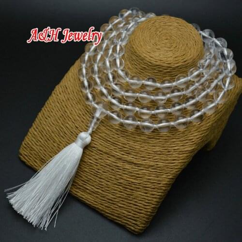 2Pc Transparency Rock Crystal 8mm Round Beads Hand Knitted 38'' Fashion Women Tassel Necklace & Bracelets Semi-precious Stone