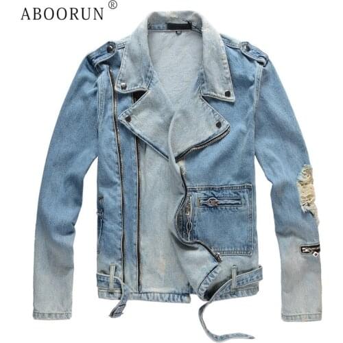 ABOORUN 2021 Mens Fashion Zippers Ripped Denim Jackets Streetwear Motorcycle Biker Jean Coat for Male