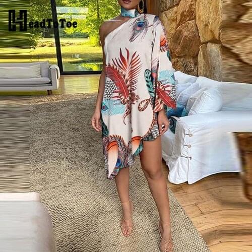 One Shoulder Peacock Print Irregular Dress