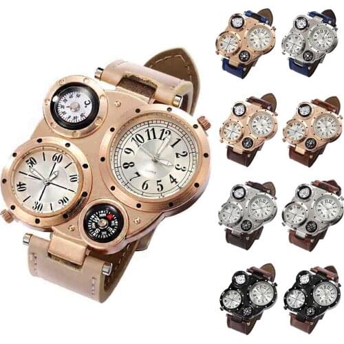 Creative 4 Dials Digital Bracelet Watches Men Chic Dual Movement Quartz Sport Watch Waterproof Outdoor Thermometer Compass Clock