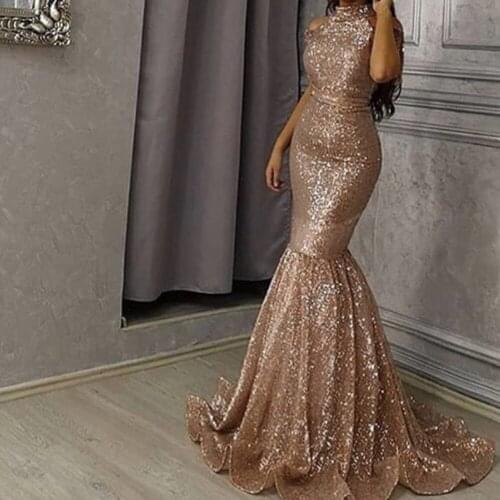 Gold prom dresses 2021 halter neckline sequins mermaid shinning long evening dresses sparkly
