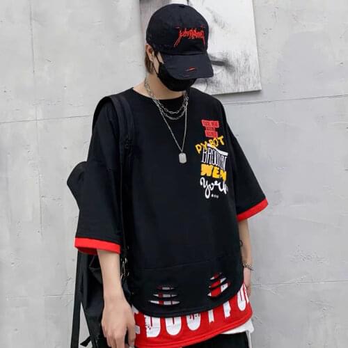 2020 Hip Hop Patchwork Tshirt Streetwear Men Cool Half Sleeve Shirts Black Summer Loose T Shirt Fashion Japan Punk Tshirt Male