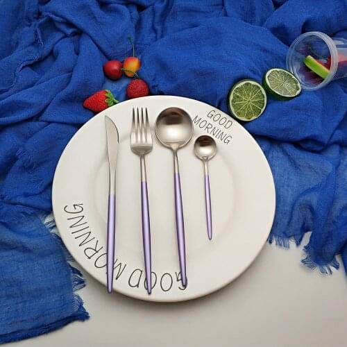 Hot Sale 4 pcs Purple silver Portuguese Dinnerware Stainless steel Knife Fork Spoon Cutlery Kitchen Food Tableware Flatware Set