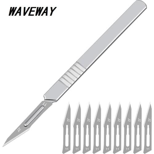 WAVEWAY 11PCS 11# 23# Carbon Steel Surgical Scalpel Blades + Handle Scalpel DIY Cutting Tool PCB Repair Animal Surgical Knife