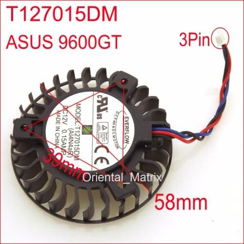 Free Shipping T127015DM 12V 0.15A 3Pin 58mm 39x39x39mm Fan For ASUS 9600GT Graphics Card Cooler Cooling Fan