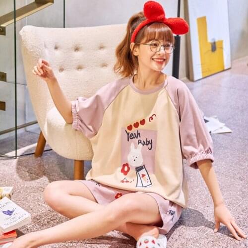 Summer Pink Patchwork Short Sleeve Pajamas Sets For Women Korean Cotton O-Neck Homewear Cartoon Kawaii Girls Sleepwear
