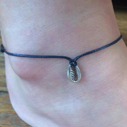 Cute Summer Beach Anklet Bohemian Jewelry Handmade Black Cord Metal Pendant Shell Anklet Delicate Adjustable Size for Women