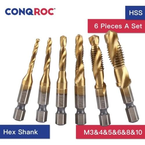 6 Pieces HSS M3~M10 Countersink Deburr Set Drill Tap Bits Set Metric Combination 1/4" 6.35mm Hex Shank Screw Taps Kit
