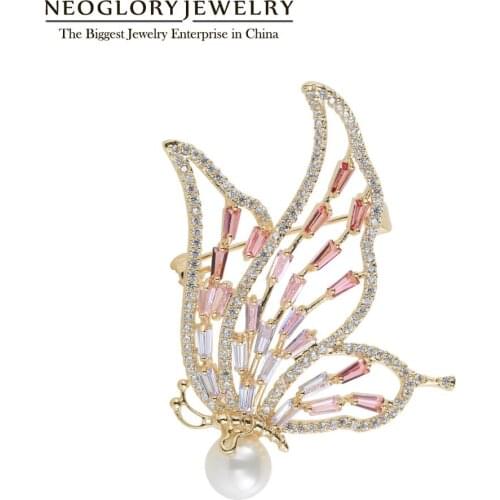 Neoglory Luxury Cute Butterfly Brooches For Women 2020 High Quality Shell pearl and Cubic Zircon Animal Pins Gift For Mother
