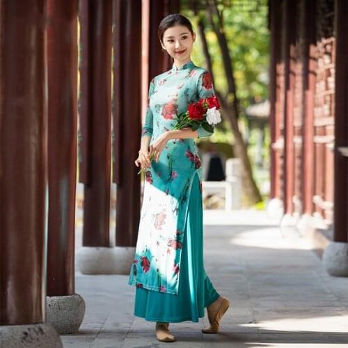 New Female Folk Dance Clothes Chinese Classical Dance Stage Performance Cheongsam Oriental Dance Suit Red/Green Hanfu DQL5090