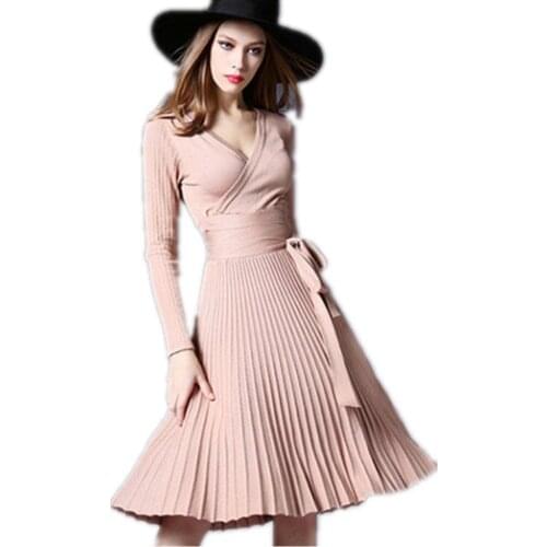 OLGITUM Autumn Dress 2020 High Quality Elegant Office Dresses For Women Decorative Sashes V-Neck Solid Vintage Vestidos DR514