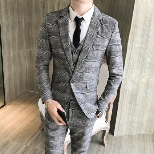 Men Youth Plaid Small Suit Pants Vest Male Groom Wedding Blazers Jacket Dress Groomsman Dress Three Piece Set Professional Coat