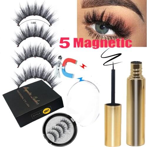 LEKOFO 2 Pairs 3D 5 Magnetic Eyelashes Magnet Eyeliner Set Strip Long False Lashes Extension Mink Eyelashes faux cils magnetique