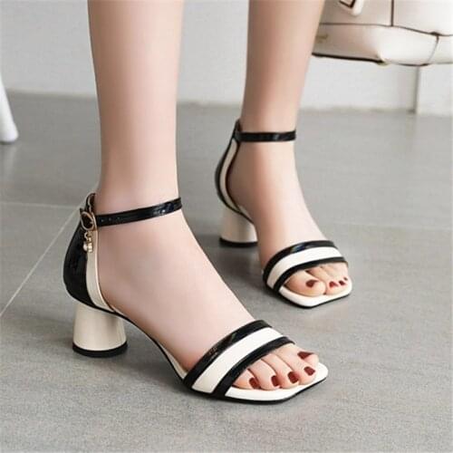 PXELENA Fashion Round High Heel Women Sandals Large Size 34-45 Contrast Color 2020 Summer Lady Shoes Patent Leather Ankle Strap