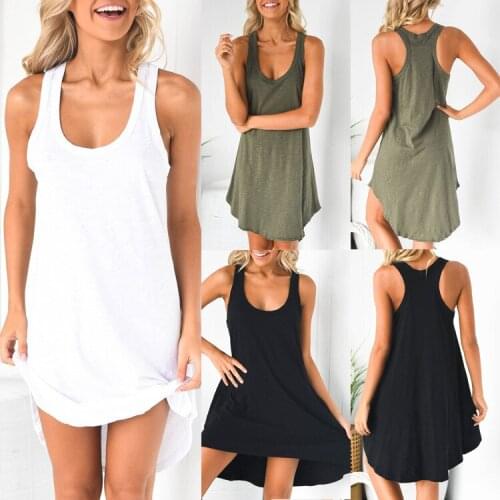 2020womens Summer Sundresses Casual Women T-Shirt Loose Sleeveless Solid Sexy O-Neck White Beach Dresses Ladies Long Tops Dress