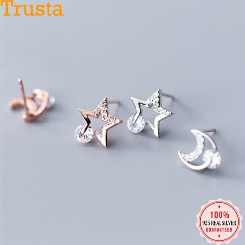 Trustdavis 100% 925 Sterling Silver Dazzling Asymmetric Moon Star CZ Stud Earrings For Daughter Girls Xmas Wedding Gift DT65