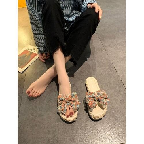 Outer Wear Sweet Bowknot Ladies Slippers Summer New Fashion All-Match Thick-Soled Large Size 35-40 Sandals