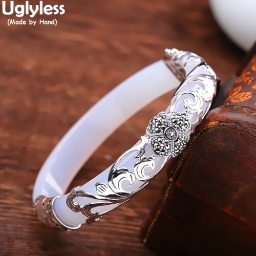 Uglyless Vintage Marcasite Clover Bangles for Women Elegant Daily Dress Jewelry Real 925 Silver Flowers Vines Opening Bangles