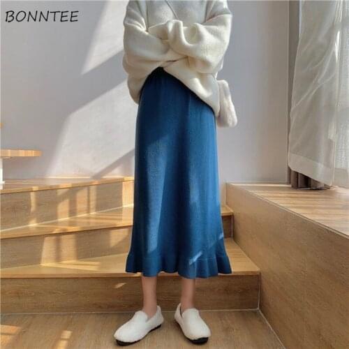 Skirts Women Casual Solid High Waist Baggy Mid-calf Knitting Trumpet Korean Style Fashion Ruffles Retros Office Lady Elegant Ins