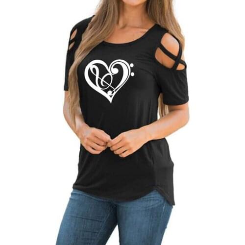 Artist Lover Gift Music Note Heart Letter Print Shirt Female Harajuku Off Shoulder Vintage T-Shirt Women Hollow Femme Tops