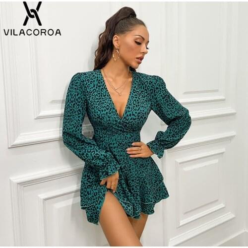 Women V-Neck French Leopard Long Sleeve Dress High Waist Sexy Backless Skinny Mini Dress Ruffle Pleated Female Party Dress