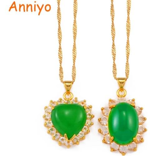 Anniyo Heart & Oval Green Stone Charm Pendant Neckalces for Women Gold Color Jewelry 2021 Hawaiian African Ornaments #200225